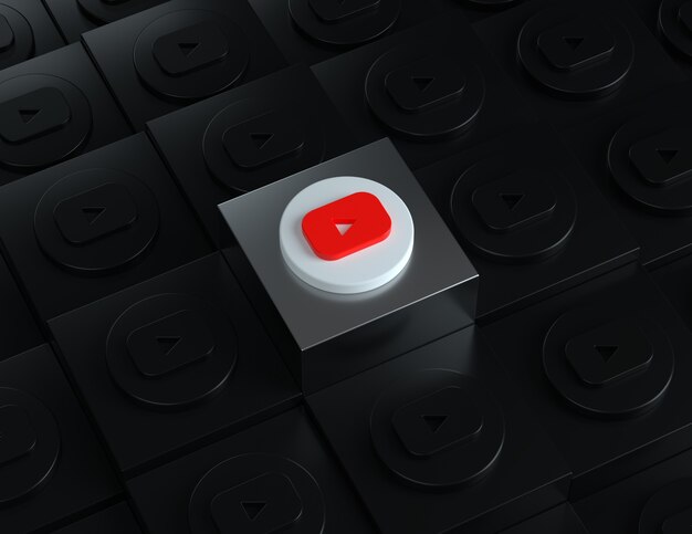 Logo 3D youtube na srebrnym stojaku z ciemnymi logo w tle