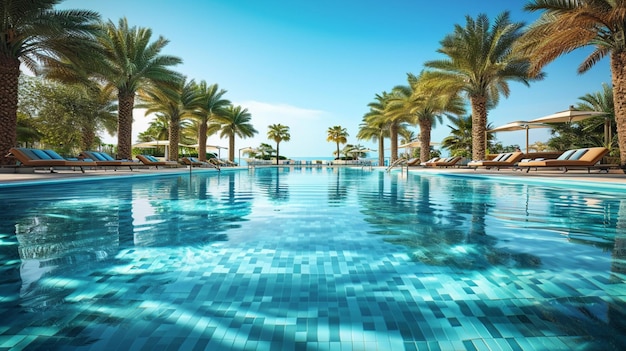 Lśniąca powierzchnia luksusowego basenu otoczona palmami i leżakami