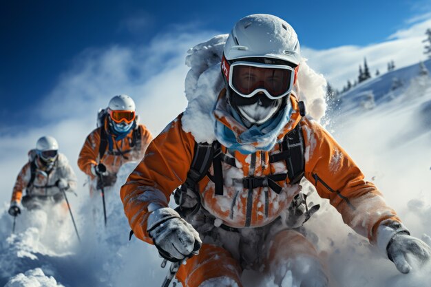 Ludzie na nartach w ekstremalnych warunkach pogodowych na śniegu