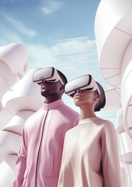 Bezpłatne zdjęcie ludzie noszący futurystyczne wysokiej technologii okulary wirtualnej rzeczywistości
