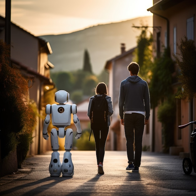 Ludzie spędzają czas z robotami.