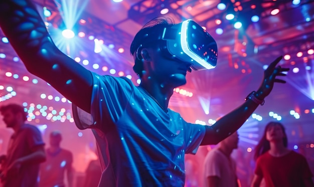 Bezpłatne zdjęcie ludzie tańczący na imprezie z headsetami wirtualnej rzeczywistości i jasnymi kolorami neonu