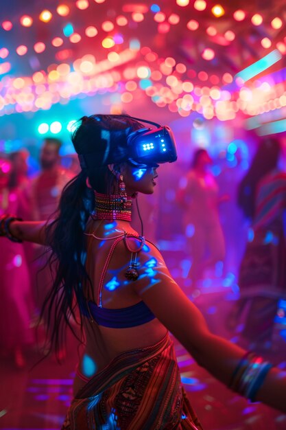 Ludzie tańczący na imprezie z headsetami wirtualnej rzeczywistości i jasnymi kolorami neonu