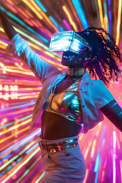 Ludzie tańczący na imprezie z headsetami wirtualnej rzeczywistości i jasnymi kolorami neonu