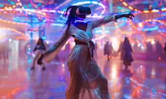 Bezpłatne zdjęcie ludzie tańczący na imprezie z headsetami wirtualnej rzeczywistości i jasnymi kolorami neonu