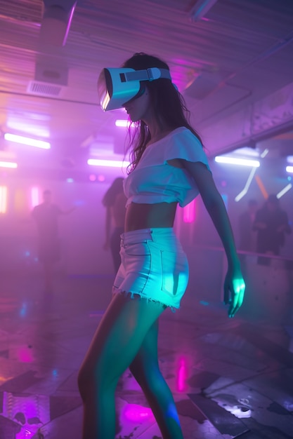 Ludzie tańczący otoczeni jasnymi neonowymi światłami na imprezie z headsetami wirtualnej rzeczywistości