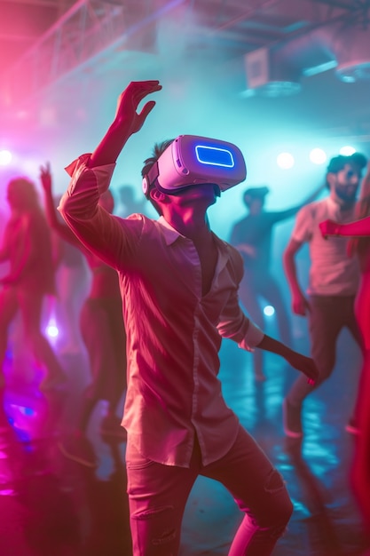 Bezpłatne zdjęcie ludzie tańczący otoczeni jasnymi neonowymi światłami na imprezie z headsetami wirtualnej rzeczywistości
