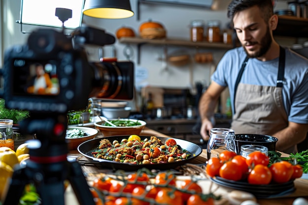 Ludzie tworzący treści gastronomiczne do przesyłania do Internetu dla miłośników jedzenia