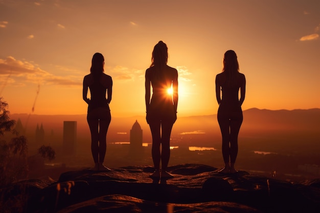 Ludzie uprawiający jogę o zachodzie słońca