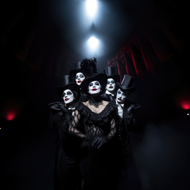 Bezpłatne zdjęcie ludzie w gotyckich kostiumach i makijażu wykonują dramat na światowy dzień teatru