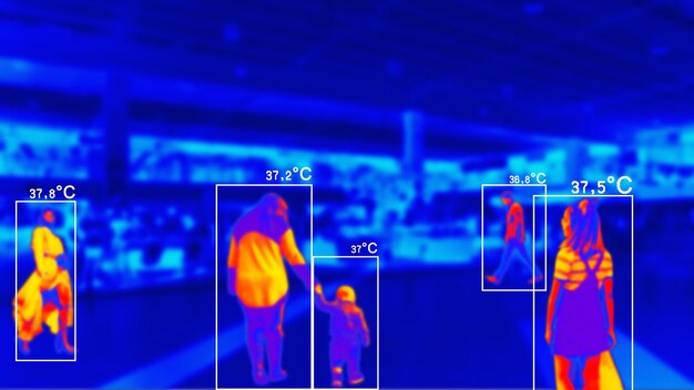 Ludzie w kolorowym skanowaniu termicznym z temperaturą stopni Celsjusza