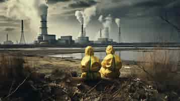 Bezpłatne zdjęcie ludzie w kombinezonach i maskach przed elektrownią jądrową