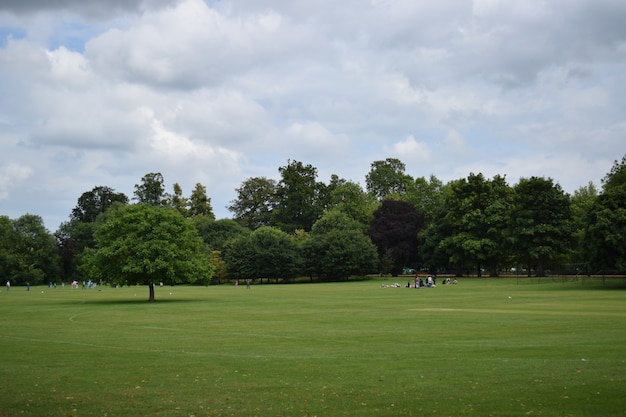 Ludzie wypoczywają na trawiastym terenie w Oksfordzie w Wielkiej Brytanii pod zachmurzonym niebem