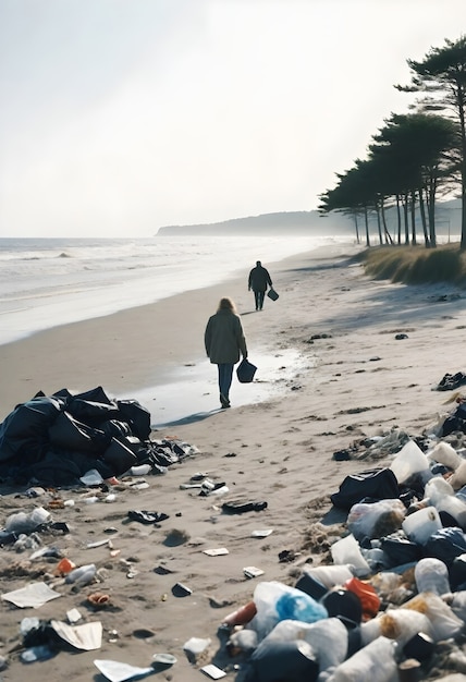 Ludzie zbierają śmieci z plaży.