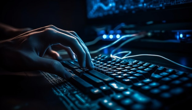 Ludzka ręka wpisując na klawiaturze komputera w nocy generowane przez AI