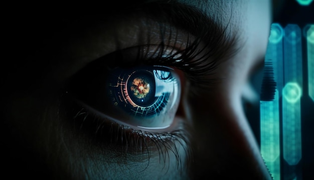Ludzkie oko obserwujące futurystyczne dane systemu bezpieczeństwa generowane przez sztuczną inteligencję