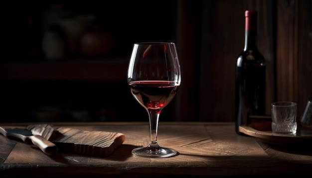 Luksusowa butelka wina nalewa ciemnoczerwonego caberneta wygenerowanego przez AI