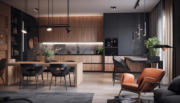 Luksusowa domowa kuchnia z eleganckim drewnianym designem wygenerowanym przez AI