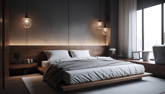 Luksusowa nowoczesna sypialnia z wygodną pościelą i elegancją generowaną przez AI