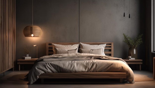 Luksusowa nowoczesna sypialnia z wygodnym podwójnym łóżkiem generowana przez AI