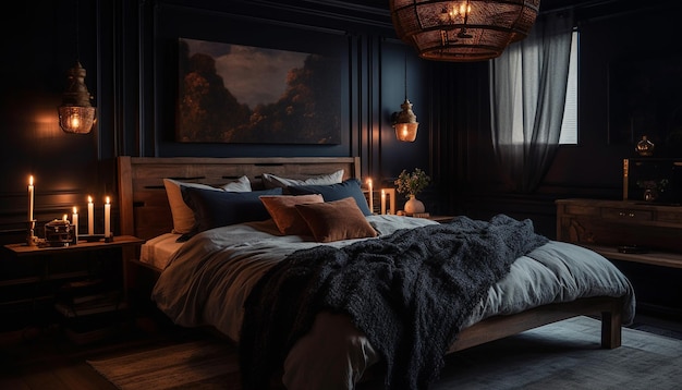 Bezpłatne zdjęcie luksusowa sypialnia z nowoczesnym designem dla relaksu generatywnej sztucznej inteligencji