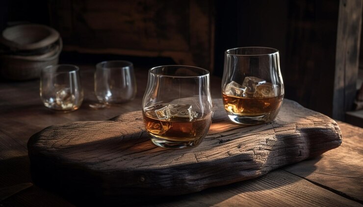 Bezpłatny plik Zdjęcie luksusowa whisky i brandy w rustykalnym barze generowanym przez ai