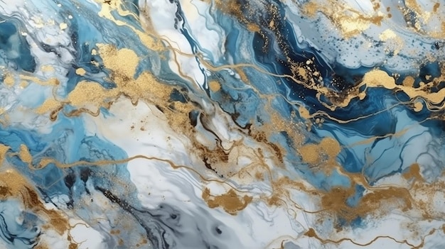Bezpłatne zdjęcie luksusowe marmurowe tło sztuka cyfrowa marmurkowe tekstury niebieskie złoto ai generated image
