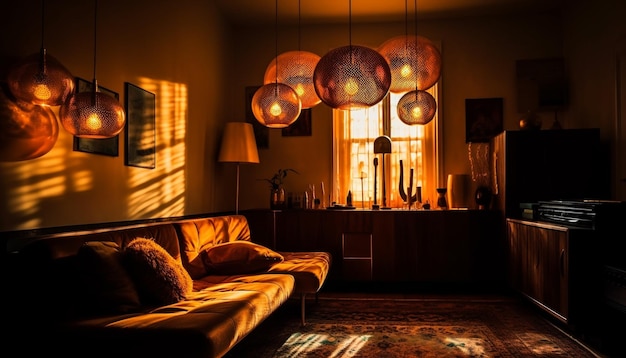 Luksusowy nowoczesny salon oświetlony żyrandolem generowanym przez AI