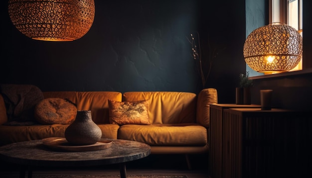 Luksusowy, nowoczesny salon z rustykalną elegancją generowany przez AI