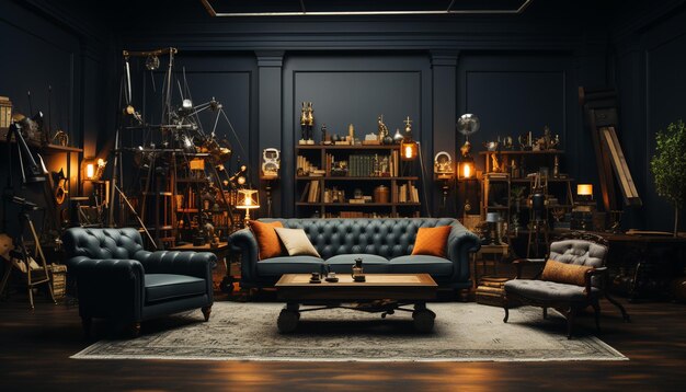 Luksusowy nowoczesny salon z wygodną sofą i eleganckim oświetleniem generowanym przez sztuczną inteligencję
