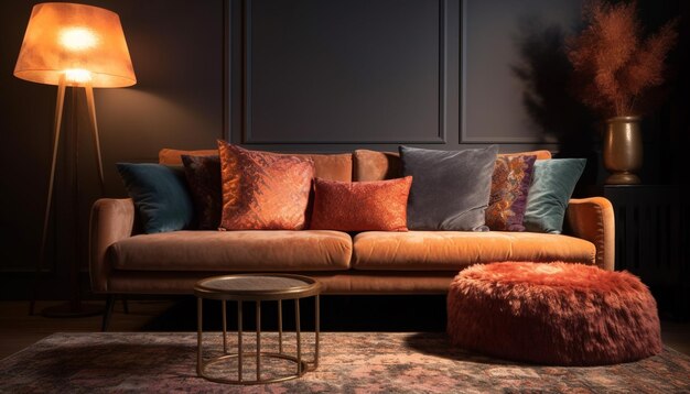 Luksusowy nowoczesny salon z wygodną sofą wygenerowany przez AI