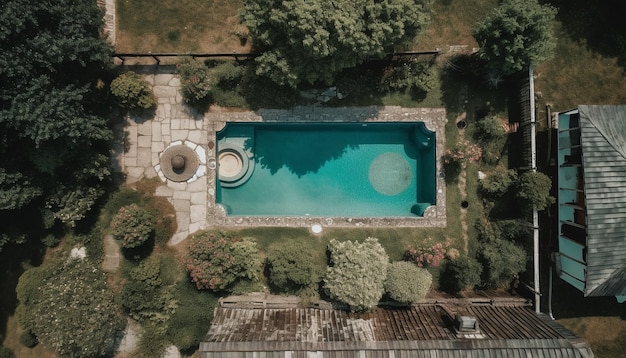 Bezpłatne zdjęcie luksusowy relaks przy basenie w raju o nowoczesnej architekturze generowanym przez sztuczną inteligencję