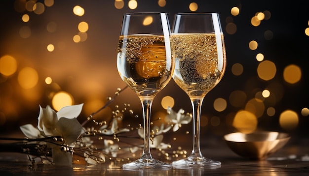 Bezpłatne zdjęcie luksusowy szampan na uroczystości z winem, romansem, elegancją, złotym świecącym kryształem generowanym przez sztuczną inteligencję