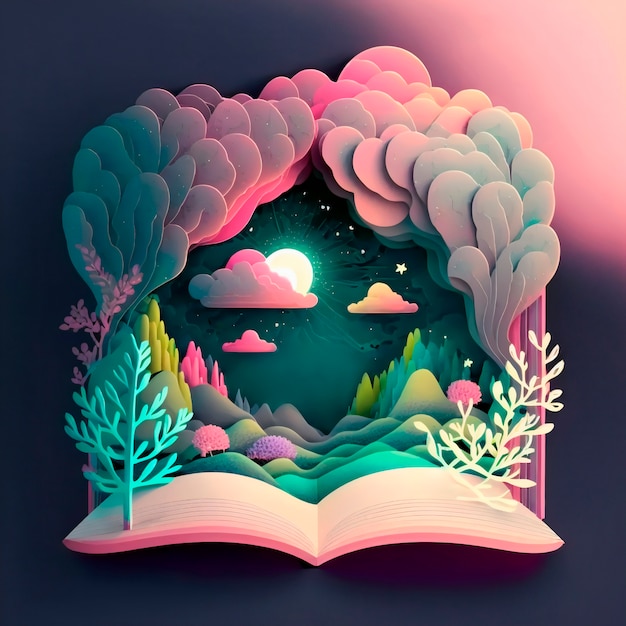 Bezpłatne zdjęcie magiczna bajka książkowa ilustracja lasu nocą