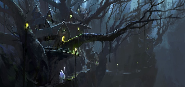 Magik chodzi między ilustracją przedstawiającą magiczne domki na drzewie.
