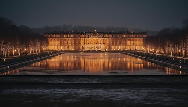 Majestatyczna architektura oświetlona latarniami ulicznymi o zmierzchu generowana przez sztuczną inteligencję