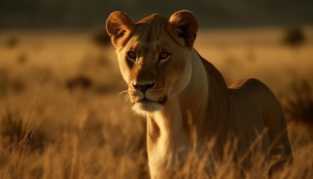 Bezpłatne zdjęcie majestatyczna lwica spacerująca po sawannie czujność w oczach generowana przez sztuczną inteligencję