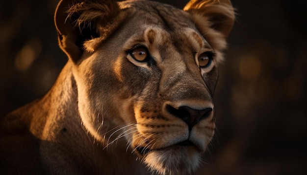 Majestatyczna lwica wpatrująca się w piękno pierwszego planu generowane przez sztuczną inteligencję