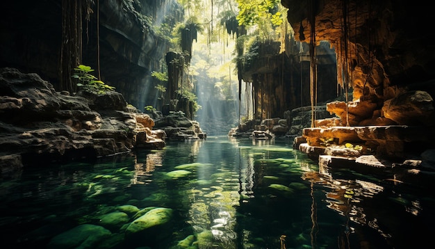 Majestatyczna woda skalna płynąca w zielonym lesie spokojna scena tropikalna przygoda generowana przez sztuczną inteligencję