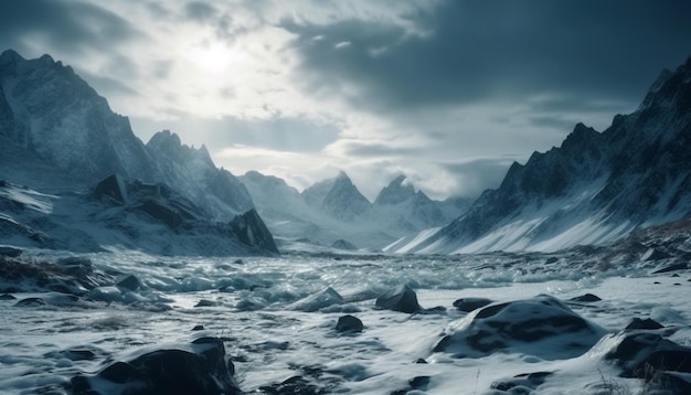 Majestatyczne pasmo górskie w spokojnym śnieżnym krajobrazie wygenerowanym przez sztuczną inteligencję