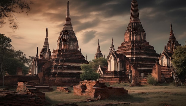 Bezpłatne zdjęcie majestatyczne starożytne ruiny pagody ozdobione duchowością generowaną przez sztuczną inteligencję