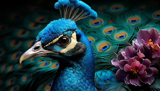 Bezpłatne zdjęcie majestatyczne, żywe pawie pióra ukazują naturalną elegancję generowaną przez sztuczną inteligencję
