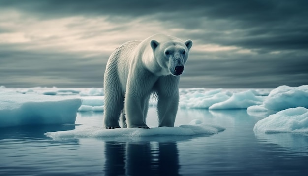Majestatyczny arktyczny ssak stojący na zamarzniętej krze wygenerowanej przez sztuczną inteligencję