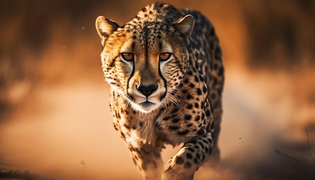 Majestatyczny gepard wpatrujący się w dzicz o zachodzie słońca wygenerowany przez sztuczną inteligencję