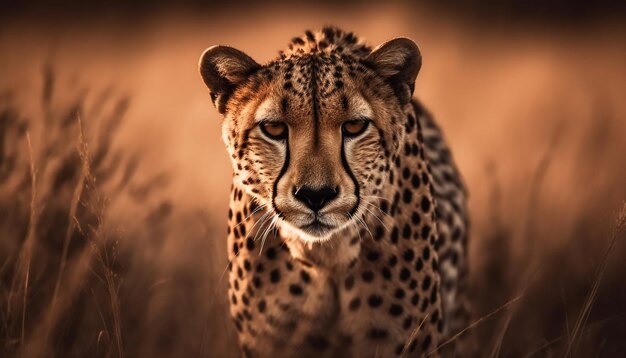 Majestatyczny gepard wpatrujący się w piękno zachodu słońca wygenerowane przez sztuczną inteligencję