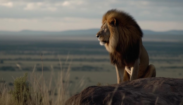 Bezpłatne zdjęcie majestatyczny lew odpoczywający w afrykańskiej dziczy odwracający wzrok pokojowo wygenerowany przez sztuczną inteligencję