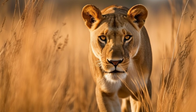 Majestatyczny lew spacerujący po afrykańskiej dziczy o zmierzchu wygenerowany przez sztuczną inteligencję