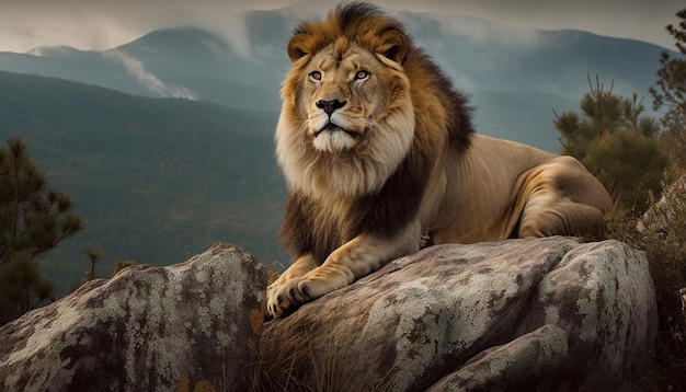 Majestatyczny lew spoczywa na afrykańskim obszarze dzikiej przyrody wygenerowanym przez sztuczną inteligencję