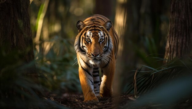 Majestatyczny tygrys bengalski spacerujący po tropikalnym lesie deszczowym wygenerowany przez sztuczną inteligencję