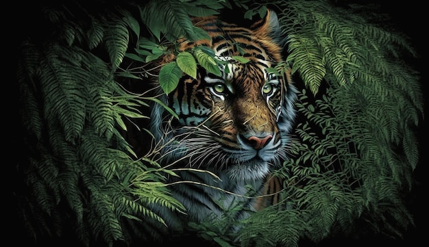 Majestatyczny tygrys bengalski wpatrujący się w generatywną sztuczną inteligencję pierwszego planu